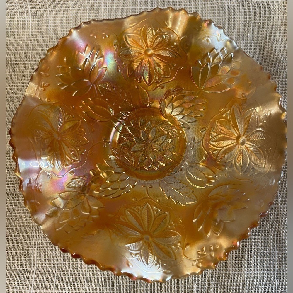 Antique Dugan Marigold Carnival Glass Garden Path Footed Ruffled Bowl
